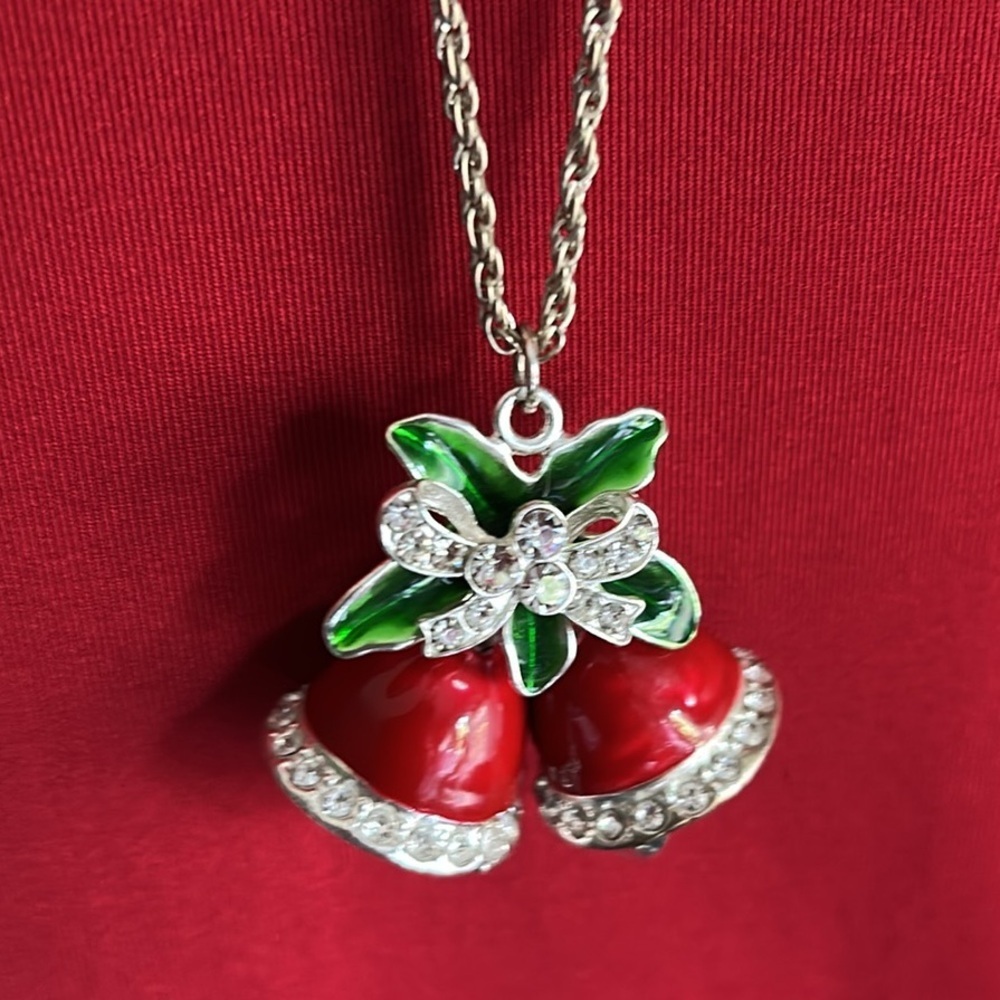 Holiday Red Jingle Bells with Holly Silver Tone Pendant Necklace